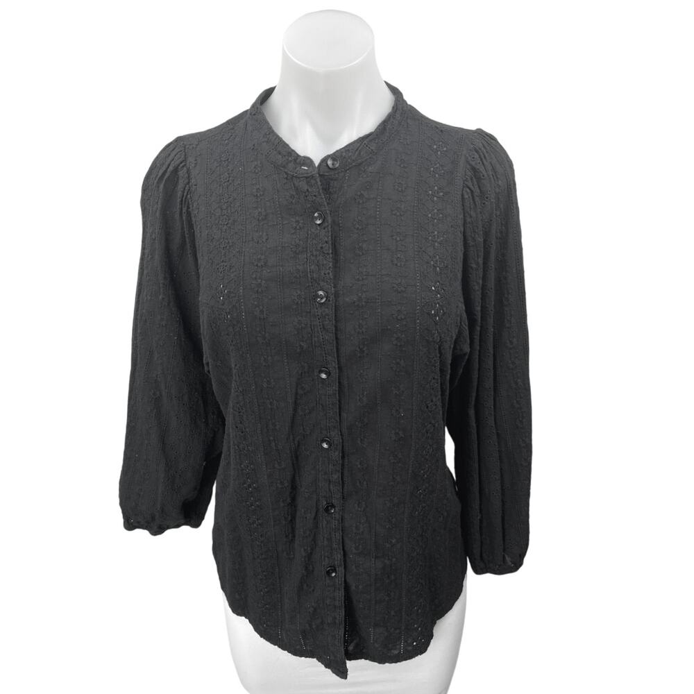 Solitaire Black Floral Embroidered Long Sleeve Button Down Shirt Top Size XL